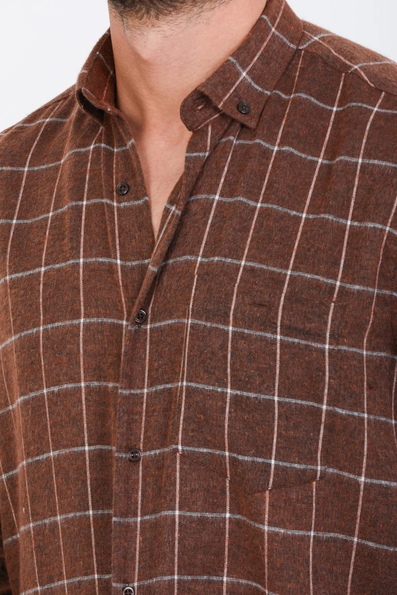 فاريتا Men's Brown Long Sleeve Checked Pocket Collar Buttoned Winter Shirt