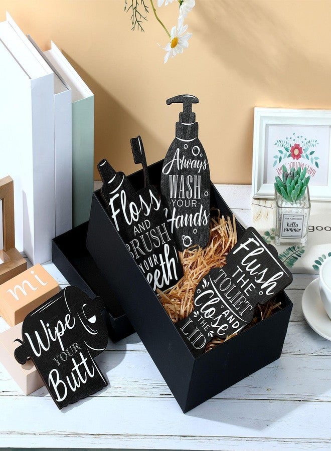 Yookeer مجموعة ديكور حائط حمام من 4 قطع باللون الأسود من يوكير، تتضمن لوحات جدارية خشبية، وعلامات غسل اليدين، وفرشاة، وخيط تنظيف الأسنان، ومفتاح الشطف، وإكسسوارات حمام ريفية، وديكور حمام عتيق، وديكور غرفة غسيل منزلية. - Image 4