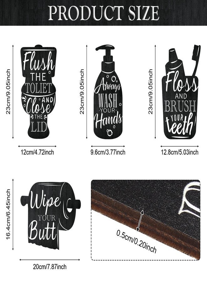 Yookeer مجموعة ديكور حائط حمام من 4 قطع باللون الأسود من يوكير، تتضمن لوحات جدارية خشبية، وعلامات غسل اليدين، وفرشاة، وخيط تنظيف الأسنان، ومفتاح الشطف، وإكسسوارات حمام ريفية، وديكور حمام عتيق، وديكور غرفة غسيل منزلية. - Image 2