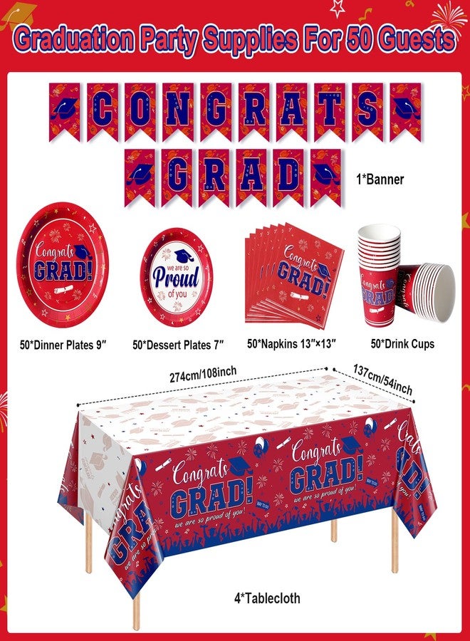 FunnyPars Graduation Plates and Napkins Set Serve 50, Class of 2026 Graduation Party Dinnerware Set, Red and Blue Disposable Paper Plates Napkins Banner Tablecloth for Graduation Congrats Grad Party Supplies - Image 2