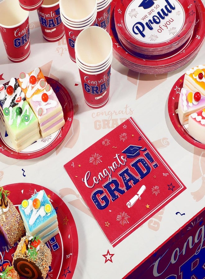 FunnyPars Graduation Plates and Napkins Set Serve 50, Class of 2026 Graduation Party Dinnerware Set, Red and Blue Disposable Paper Plates Napkins Banner Tablecloth for Graduation Congrats Grad Party Supplies - Image 4