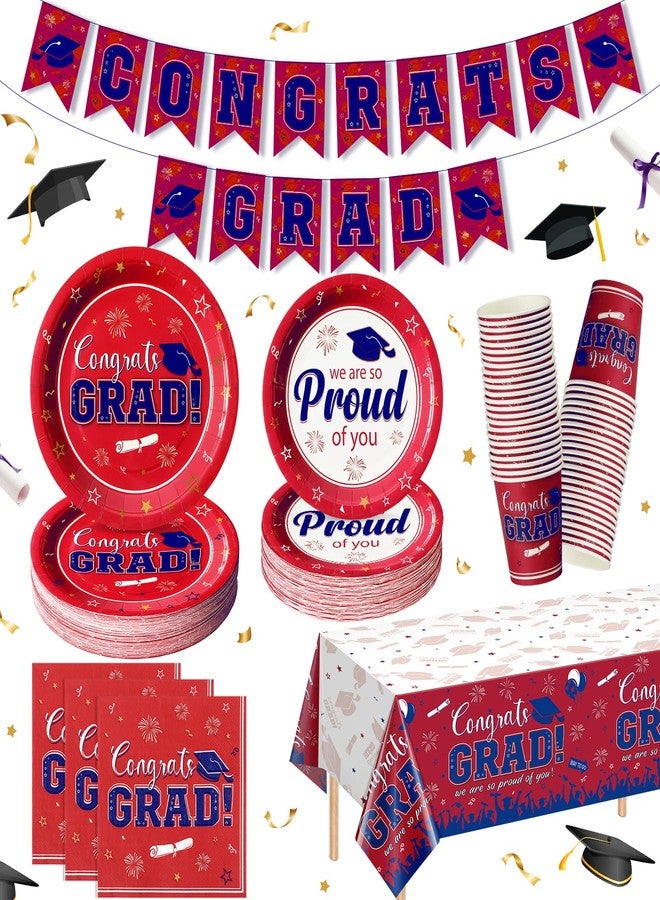 FunnyPars Graduation Plates and Napkins Set Serve 50, Class of 2026 Graduation Party Dinnerware Set, Red and Blue Disposable Paper Plates Napkins Banner Tablecloth for Graduation Congrats Grad Party Supplies - Image 1