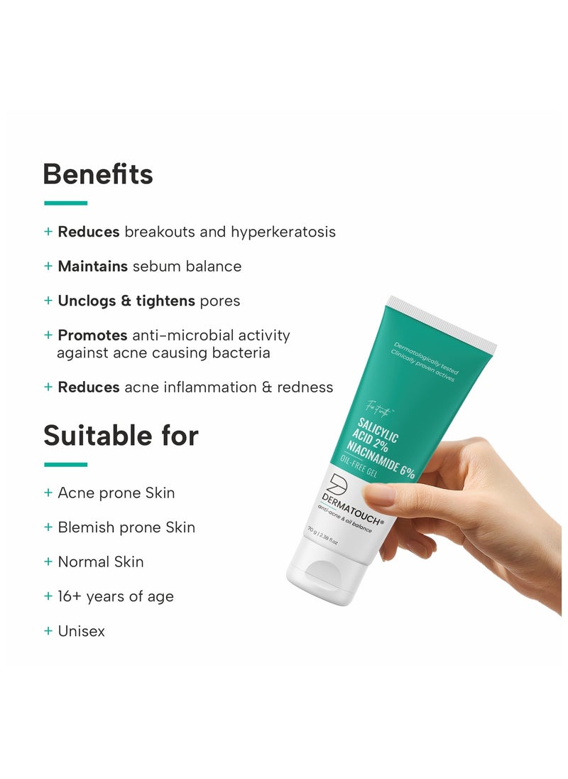 DERMATOUCH - DERMATOUCH Salicylic Acid 2% Niacinamide 6% Anti-Acne Oil-Free Gel For Active Acne, Oil Balancing, Pore tightening - 70G - Image 1