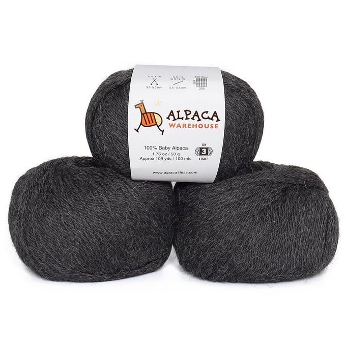100 BABY ALPACA YARN WOOL SET OF 3 SKEINS DK WEIGHT MADE IN PERU HEAVENLY SOFT AND PERFECT FOR KNITTING AND CROCHETING CHARCOAL GRAY DK