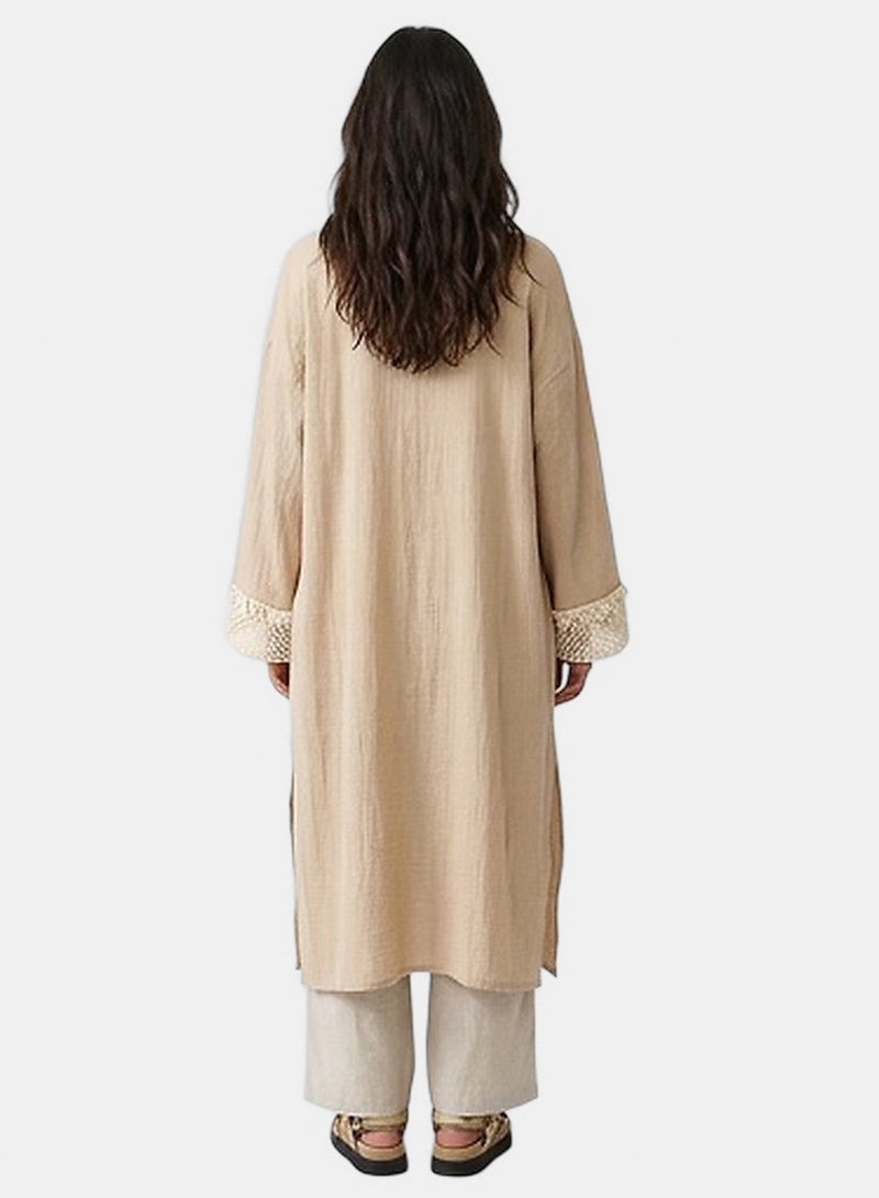 RAVIN Women Beige Crochet Trim Longline Summer Cardigan - Image 3