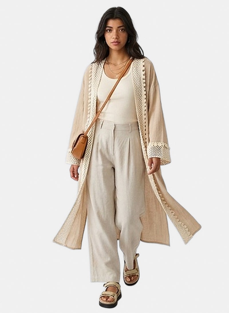 RAVIN Women Beige Crochet Trim Longline Summer Cardigan - Image 4