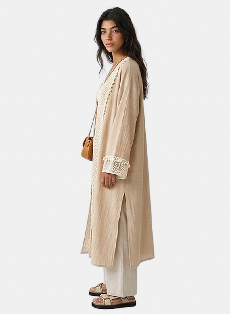 RAVIN Women Beige Crochet Trim Longline Summer Cardigan - Image 2