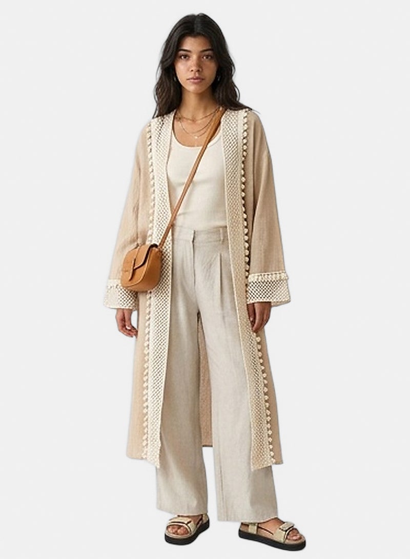 RAVIN Women Beige Crochet Trim Longline Summer Cardigan - Image 1