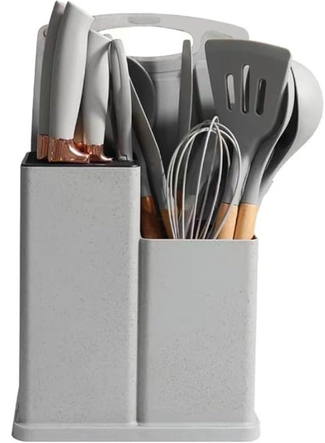 MANAM TRADING 19-Piece Silicone Kitchen Utensil Set Nonstick Cooking Tools, Stainless Steel Knives, Cutting Board, Spatula, Turner, Whisk, Heat-Resistant Nonstick Cookware Set With Wooden Handles(Grey)  - Image 1
