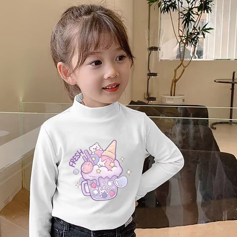 Y2304# Girls Velvet Long Sleeve Joker T-Shirt New Children'S White Coat Baby Base Shirt Tide T - Image 1