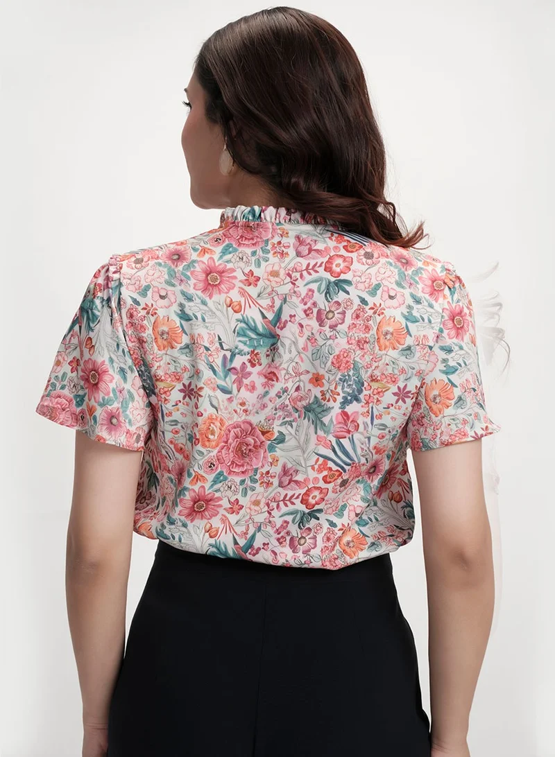 Zigzag Sleeve Flared Printed Satin Beige Top