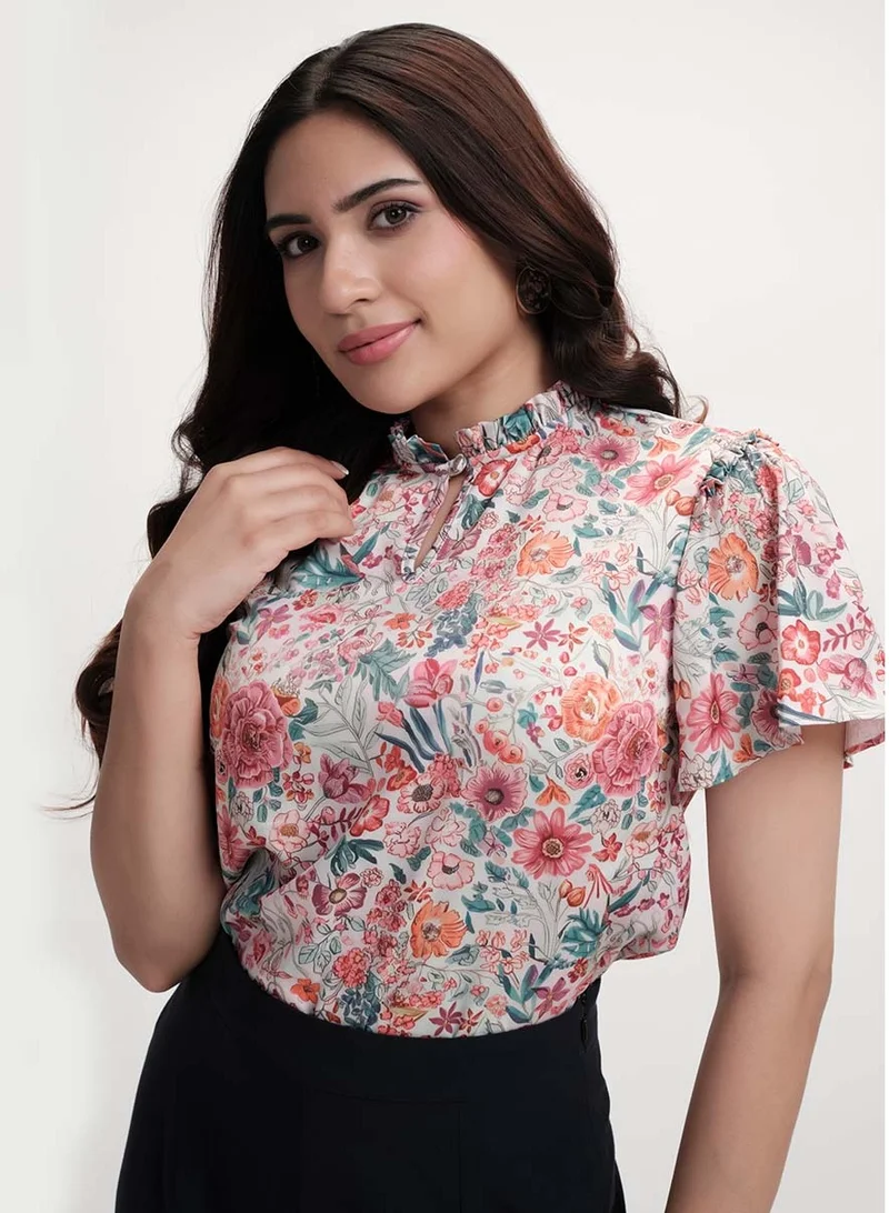 Zigzag Sleeve Flared Printed Satin Beige Top