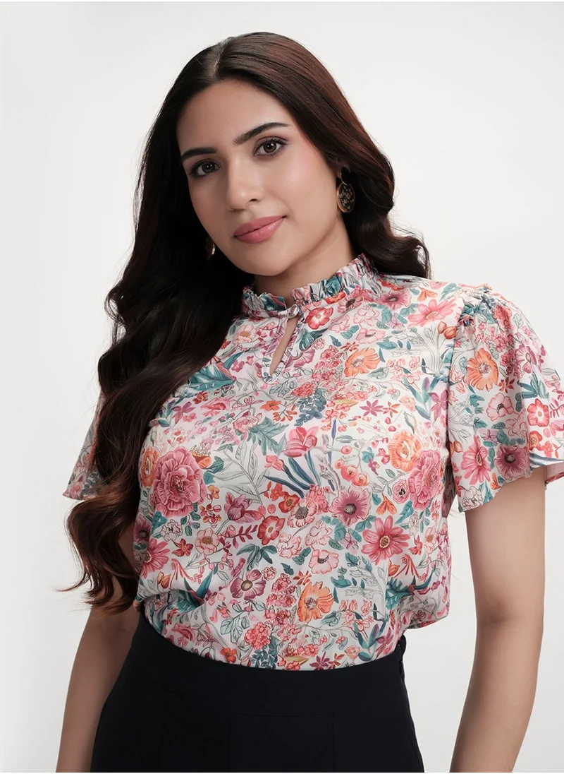 Zigzag Sleeve Flared Printed Satin Beige Top
