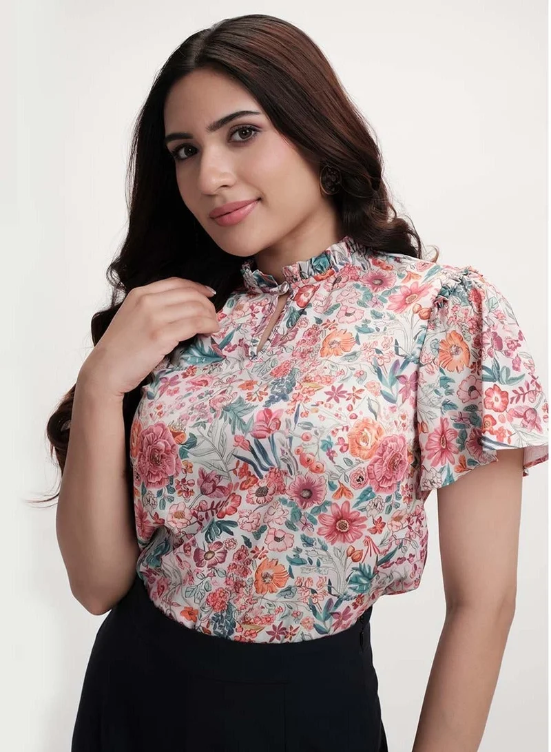 Zigzag Sleeve Flared Printed Satin Beige Top