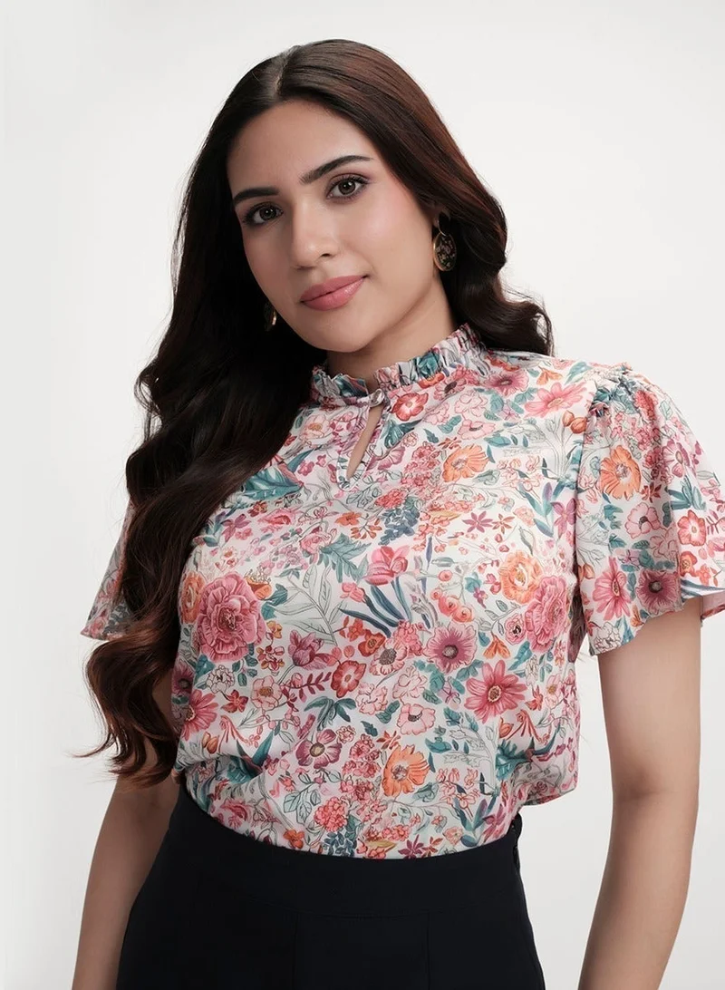 Zigzag Sleeve Flared Printed Satin Beige Top