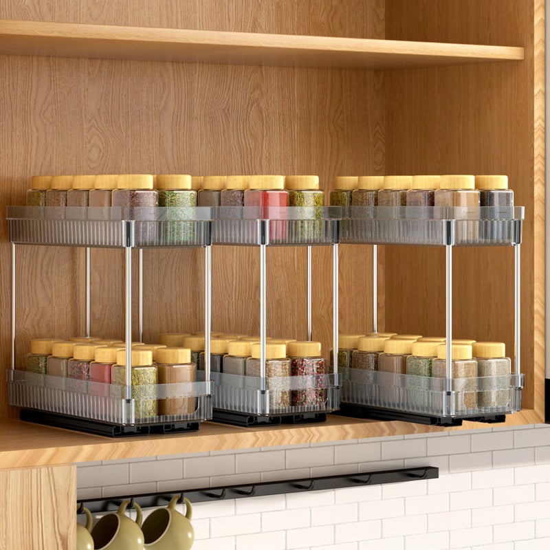 DABIGE 3 Pack Pull Out Spice Rack Organizer for Cabinet, 2 Tier Slide Out Spice Racks Organizer, Spice Cabinet Organizers, Cabinet Size Need:12'' High x 11'' Deep x 5'' Wide, Clear Acrylic - Image 1