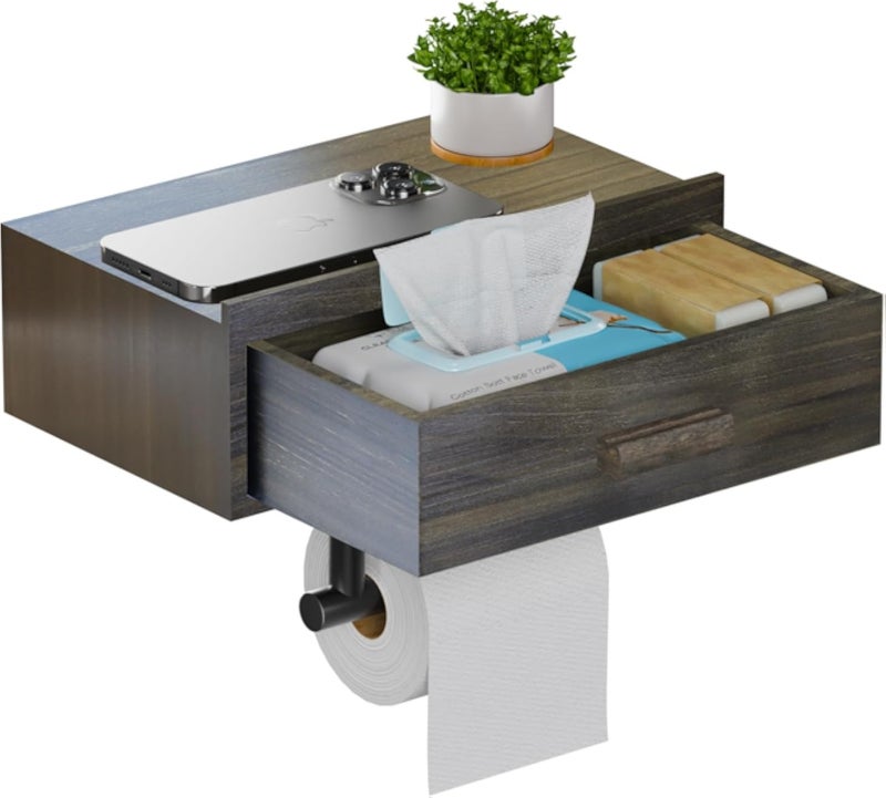 حامل ورق تواليت مع رف، حامل ورق تواليت ريفي يُثبت على الحائط/لاصق، موزع مناديل مبللة للحمام، حامل ورق تواليت خشبي مع درج تخزين (بني)