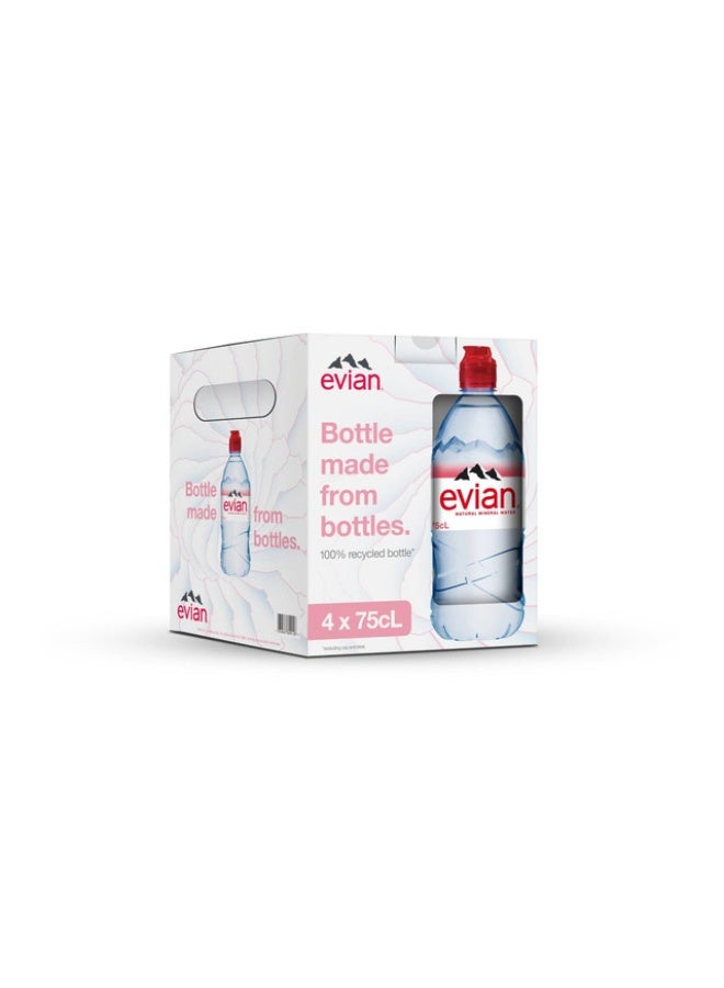 evian (Recycled Bottles) Natural Mineral Water 750ml Sportscap, Pack of 4