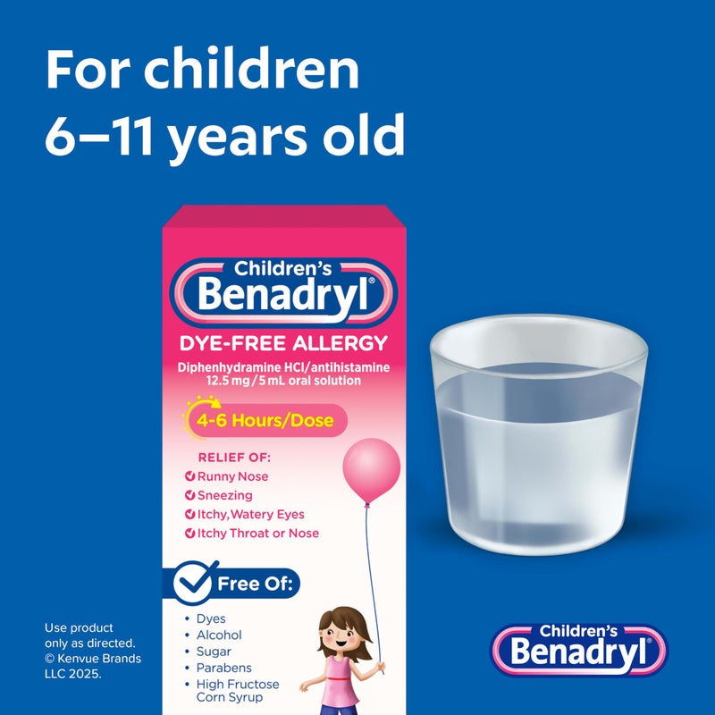 Benadryl Childrenâ€™s Dye-Free Allergy Relief Liquid, Allergy Medicine for Kids, 12.5 mg Diphenhydramine HCl Antihistamine, Relieves Runny Nose & Sneezing, Paraben-Free, Bubble Gum Flavor, 8 fl. - Image 5