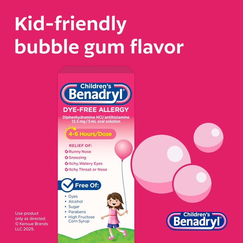 Benadryl Childrenâ€™s Dye-Free Allergy Relief Liquid, Allergy Medicine for Kids, 12.5 mg Diphenhydramine HCl Antihistamine, Relieves Runny Nose & Sneezing, Paraben-Free, Bubble Gum Flavor, 8 fl. - Image 4