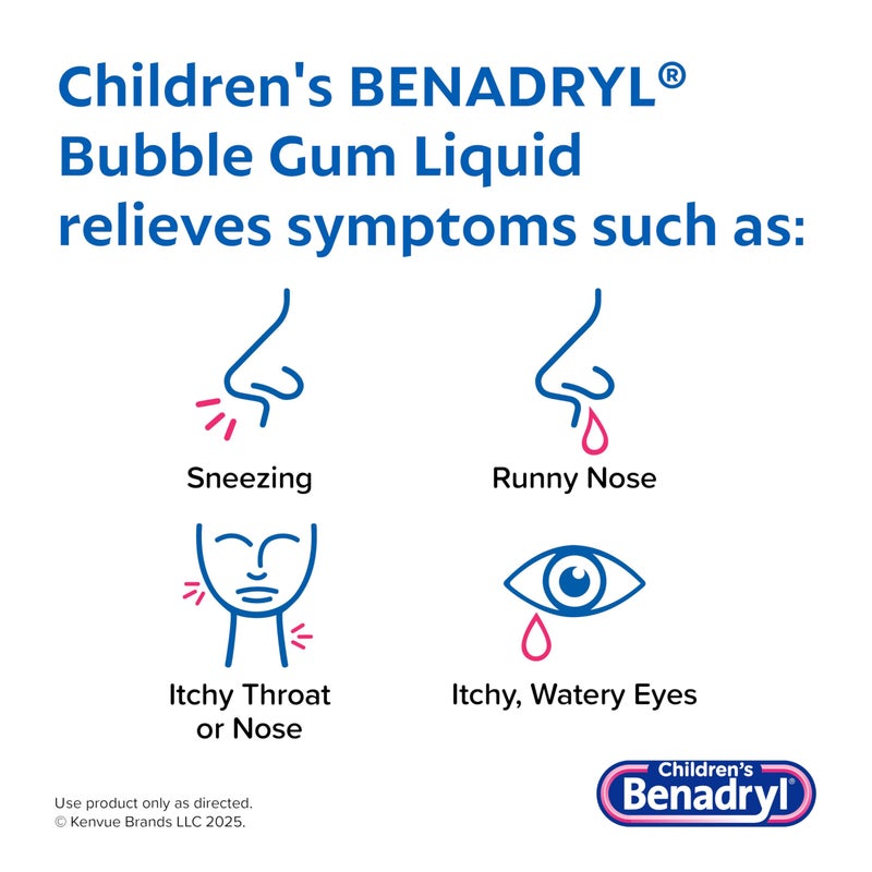 Benadryl Childrenâ€™s Dye-Free Allergy Relief Liquid, Allergy Medicine for Kids, 12.5 mg Diphenhydramine HCl Antihistamine, Relieves Runny Nose & Sneezing, Paraben-Free, Bubble Gum Flavor, 8 fl. - Image 3