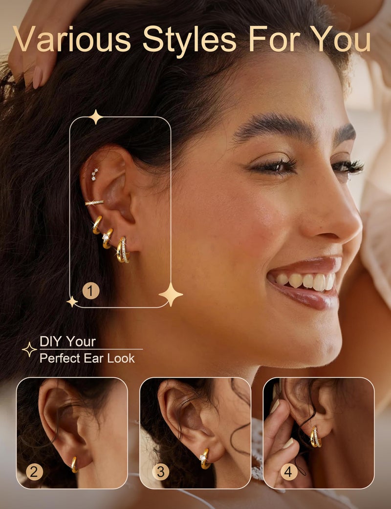 Sanfenly Gold Earrings Hoop Earrings for Women Trendy Dainty Stud 14K Gold Plated Small Double Gold Silver Hoop Lightweight Huggie Cartilage Set Jewelry for Women Gifts - Image 4