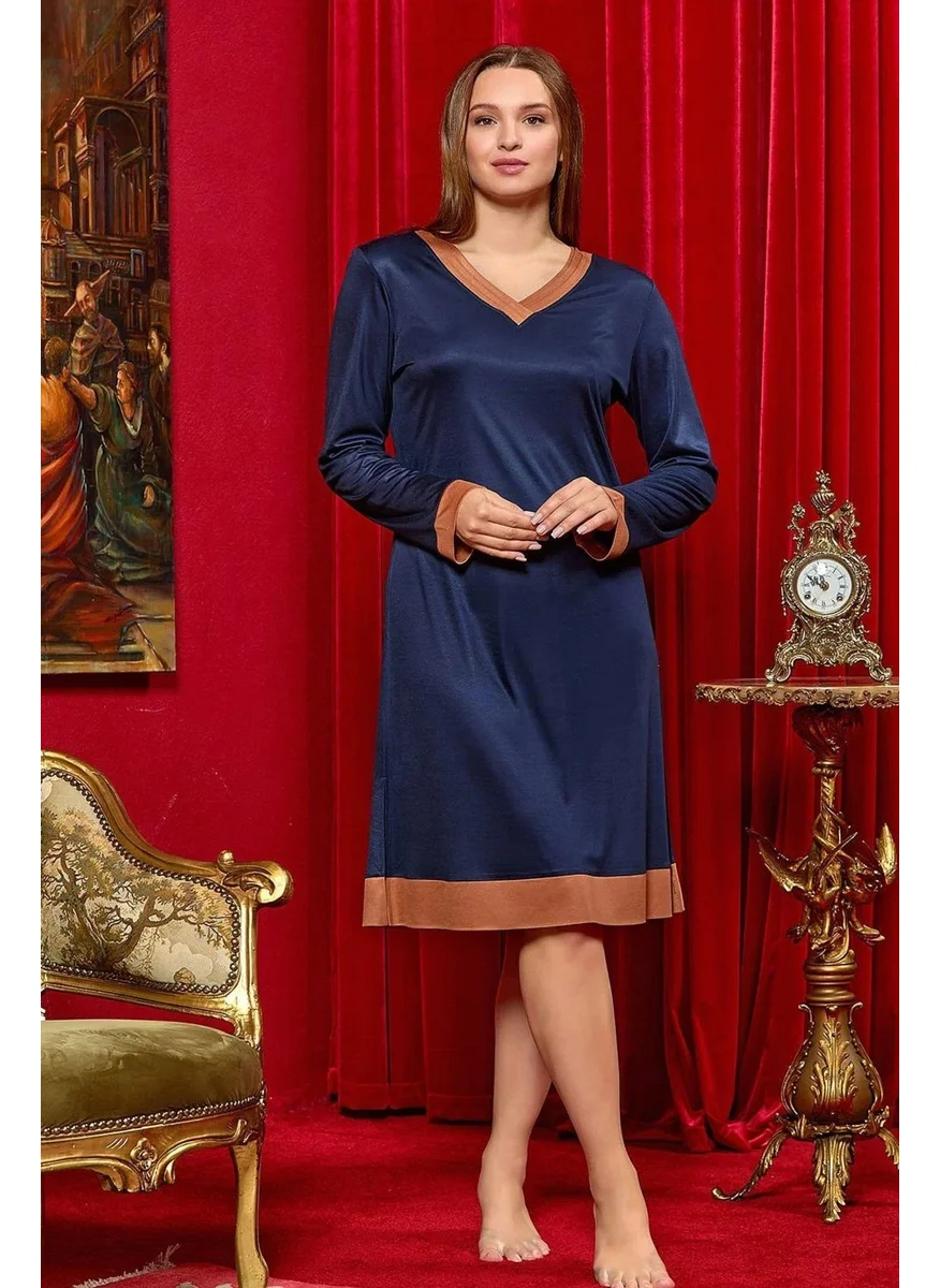 Cossy By Aqua 25077 Women's Long Sleeve V Neck Midi Nightgown-Navy Blue