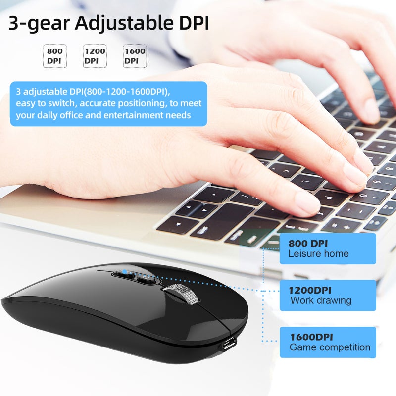Wireless Mouse: Black Slim Lightweight Silent Design Dual-mode Bluetooth 2.4G Mouse - 3 Adjustable DPI Long Battery Life Ergonomic Portable Mouse for Office Entertainment Daily Use - Image 3