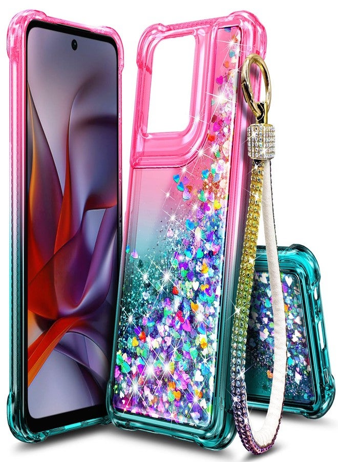WDHD Designed for Motorola Moto G 5G 2025 Phone Case, Glitter Floating Liquid Waterfall Girls Women Cute Case with Ring Holder Grip & Diamond Wrist Strap Lanyard (Pink/Aqua) - Image 1