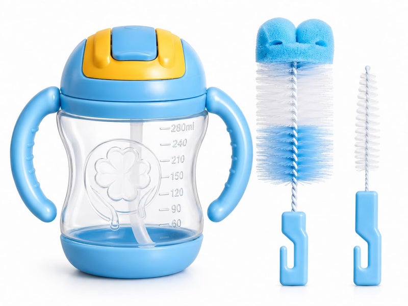 Baby Straw Cup with 2 Bottle Cleaning Brushes, 280ml BPA-Free Toddler Training Cup with Handles & Leak-Resistant Flip Lid, Easy-Grip Sippy Cup for Babies & Toddlers Blue - Image 1