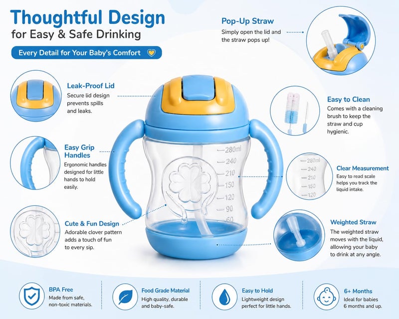 Baby Straw Cup with 2 Bottle Cleaning Brushes, 280ml BPA-Free Toddler Training Cup with Handles & Leak-Resistant Flip Lid, Easy-Grip Sippy Cup for Babies & Toddlers Blue - Image 2