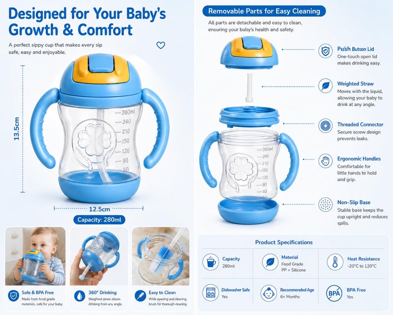 Baby Straw Cup with 2 Bottle Cleaning Brushes, 280ml BPA-Free Toddler Training Cup with Handles & Leak-Resistant Flip Lid, Easy-Grip Sippy Cup for Babies & Toddlers Blue - Image 3