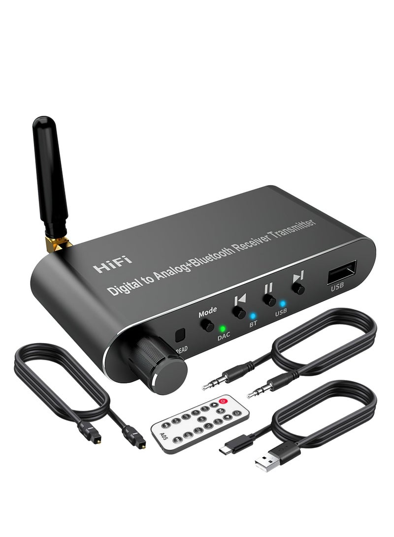 SYOSI محول صوت رقمي إلى تناظري مع جهاز استقبال بلوتوث 5.1، محول رقمي بصري إلى 3.5 مم DAC لاسلكي، محور إلى تناظري L/R RCA 3.5 مم للتلفزيون، الألعاب، مشغل الأقراص المضغوطة، MP3 - Image 1