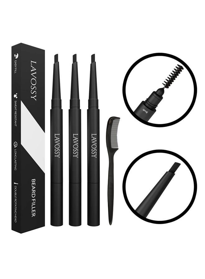 LAVOSSY Beard Pencil Filler for Men - Black, Pack of 3 - Long Lasting and Easy to Use with Blending Brush, Water/Sweat Proof, Fills Patchy Beard, Moneyback Promise - Image 1