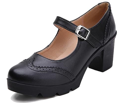 DADAWEN Women's Chunky Low Block Heels Mary Jane Closed Toe Work Pumps Comfortable Round Toe Oxfords Dress Wedding Shoes Black US Size 9 - Image 1