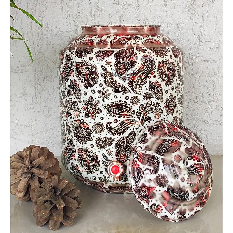 INDIAN ART VILLA Indian Art Villa Copper Printed Water Pot with White Scarlet Paisley Print Drinkware Storage Purpose Ayurvedic Health Benefits Volume13 Liters  - Image 2
