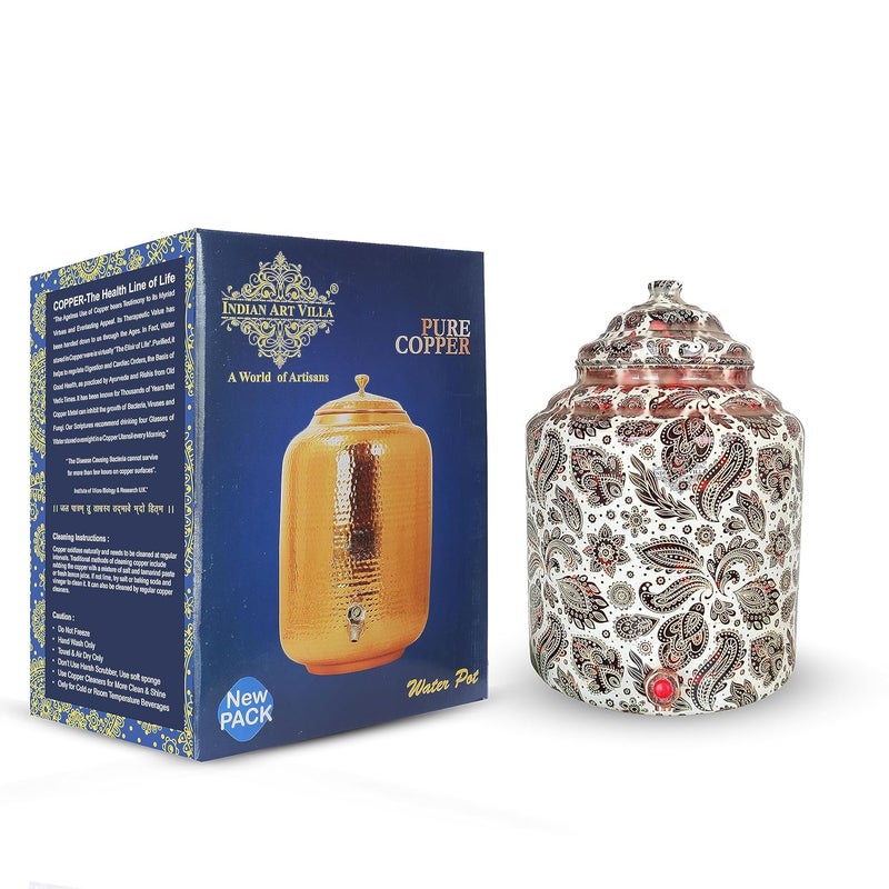 INDIAN ART VILLA Indian Art Villa Copper Printed Water Pot with White Scarlet Paisley Print Drinkware Storage Purpose Ayurvedic Health Benefits Volume13 Liters  - Image 1