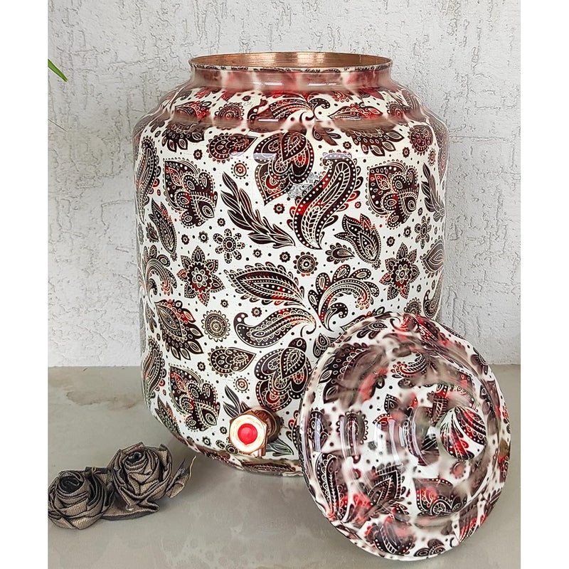 INDIAN ART VILLA Indian Art Villa Copper Printed Water Pot with White Scarlet Paisley Print Drinkware Storage Purpose Ayurvedic Health Benefits Volume13 Liters  - Image 4