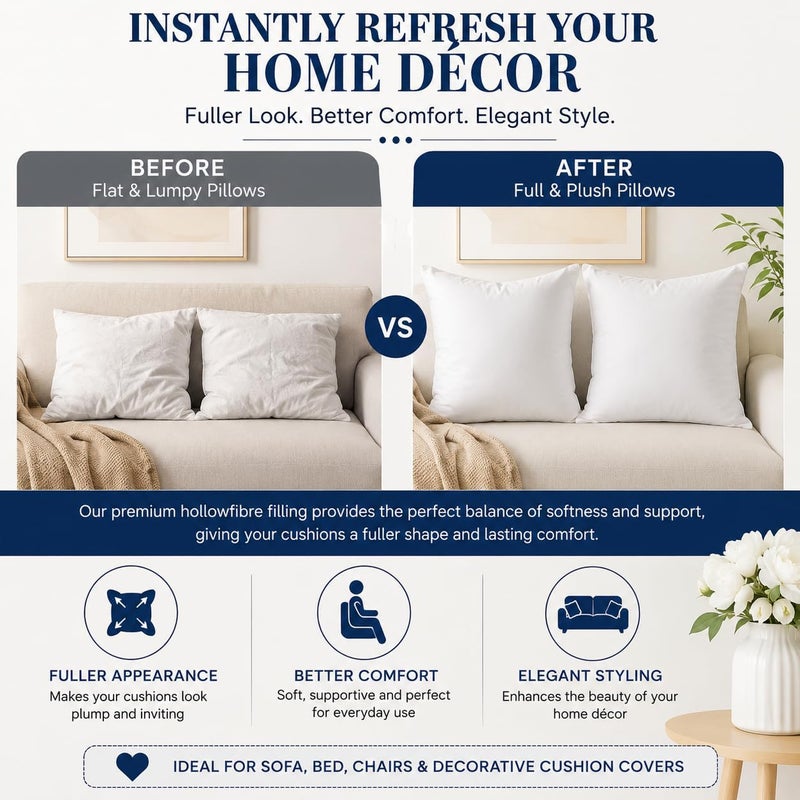 Luxury Cushion Filler, Decorative Pillow Inserts (Pack of 2, White) - Square Indoor Bed and Couch Pillows - Hollowfibre Cushion Fillers (Pack of 4, 65 x 65 cm) - Image 5