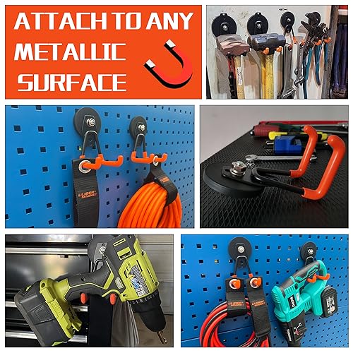 ULIBERMAGNET Heavy Duty Magnetic Garage Hooks,Strong Large Magnet Hooks for Power Drill,Garden Tools,Hose,Pegboard,Garage,Workshop,2 Pack Magnetic Storage Holder for Indoor Outdoor Hanging(Orange) - Image 3