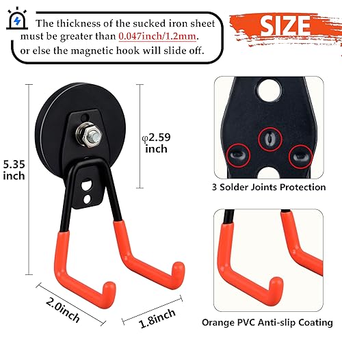 ULIBERMAGNET Heavy Duty Magnetic Garage Hooks,Strong Large Magnet Hooks for Power Drill,Garden Tools,Hose,Pegboard,Garage,Workshop,2 Pack Magnetic Storage Holder for Indoor Outdoor Hanging(Orange) - Image 2