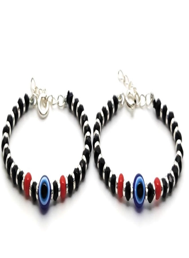 Jewel string Evil eye hand nazariya bracelet (1pair) with silver ring 92.5 black crystal bead for a newborn baby to 2 years baby (Not for Anklet)(unisex) - Image 1