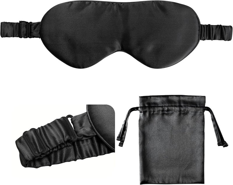 miwen Silk Eye Sleeping Mask, Travel Mask, Eye Covers for Sleeping, Organic sleep mask, Real Adjustable Band, and Luxury Travel Bag (Black)