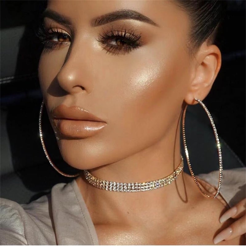 Dtja Extra Large Rhinestone Hoop Earrings for Women Girls Hypoallergenic Big 100mm Huggie CZ Hoops Dangle Drop Earring Fashion Chic Party Jewelry Gifts 4 inch (Gold-Toned) - Image 3