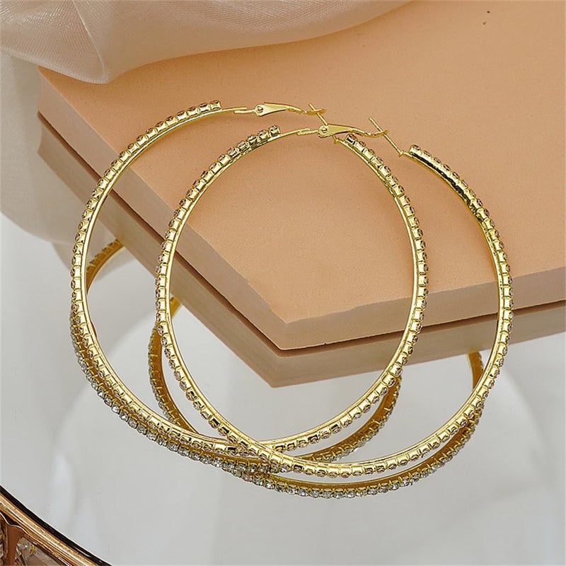 Dtja Extra Large Rhinestone Hoop Earrings for Women Girls Hypoallergenic Big 100mm Huggie CZ Hoops Dangle Drop Earring Fashion Chic Party Jewelry Gifts 4 inch (Gold-Toned) - Image 4