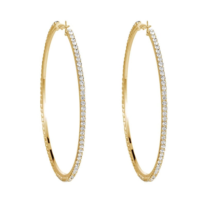 Dtja Extra Large Rhinestone Hoop Earrings for Women Girls Hypoallergenic Big 100mm Huggie CZ Hoops Dangle Drop Earring Fashion Chic Party Jewelry Gifts 4 inch (Gold-Toned) - Image 1