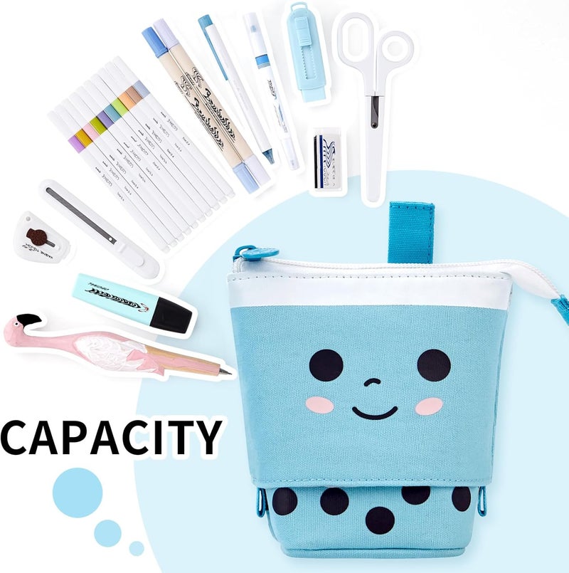 ANGOOBABY Cute Pencil Case Standing Pen Holder Telescopic Makeup Pouch Pop Up Cosmetics Bag Stationery Office Organizer Box for Girls Students Women Adults Christmas Gift (Blue) - Image 3