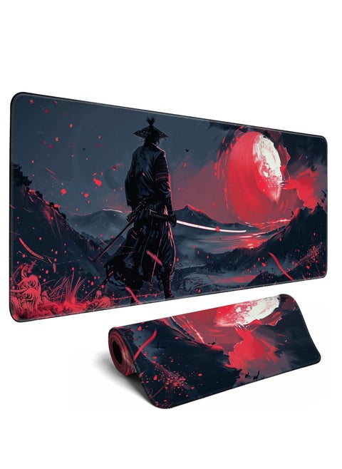 Black Desk Mat Japanese Samurai Mouse Pad Large Red Anime Big Mousepad Gaming Large Mouse Pad for Men Desk Pad with Stitched Edges Non-Slip Large Computer Mat, 30cm x 70cm x 2mm