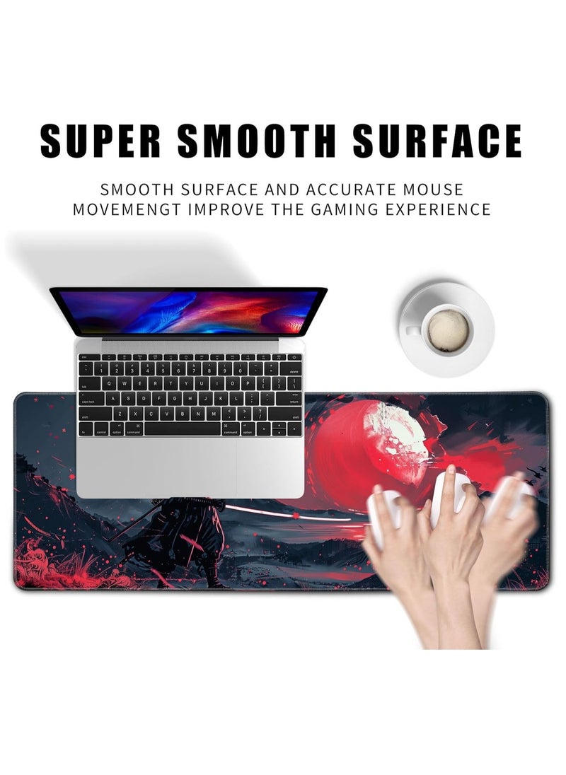 Black Desk Mat Japanese Samurai Mouse Pad Large Red Anime Big Mousepad Gaming Large Mouse Pad for Men Desk Pad with Stitched Edges Non-Slip Large Computer Mat, 30cm x 70cm x 2mm