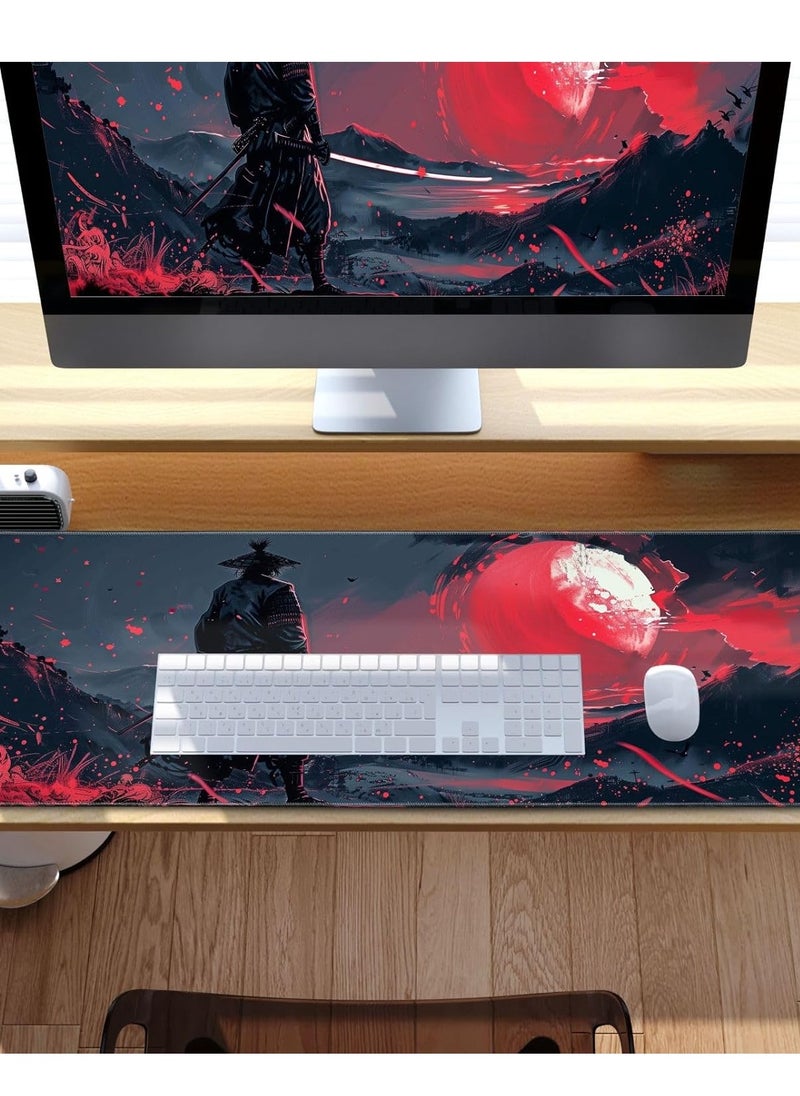 Black Desk Mat Japanese Samurai Mouse Pad Large Red Anime Big Mousepad Gaming Large Mouse Pad for Men Desk Pad with Stitched Edges Non-Slip Large Computer Mat, 30cm x 70cm x 2mm